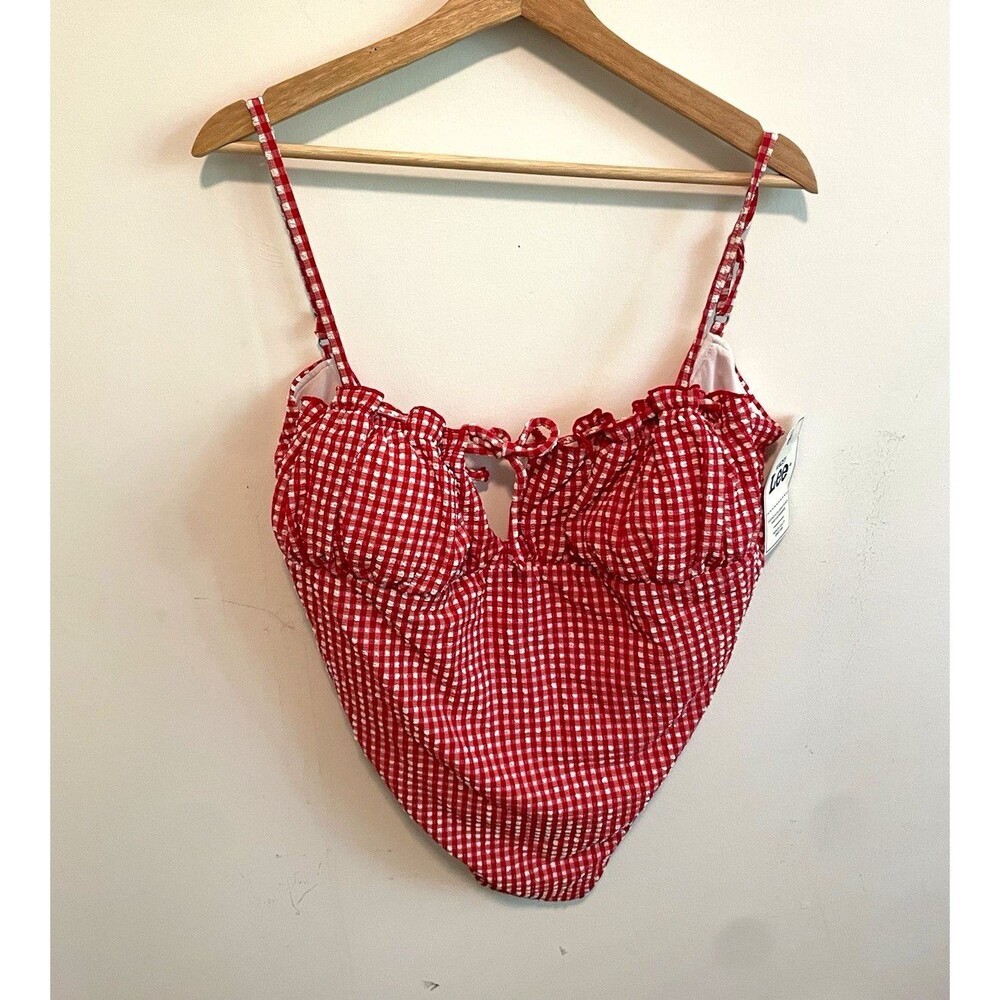 Lee Women’s One-Piece Swimsuit Red White Gingham Lined Tie Straps 2XL
